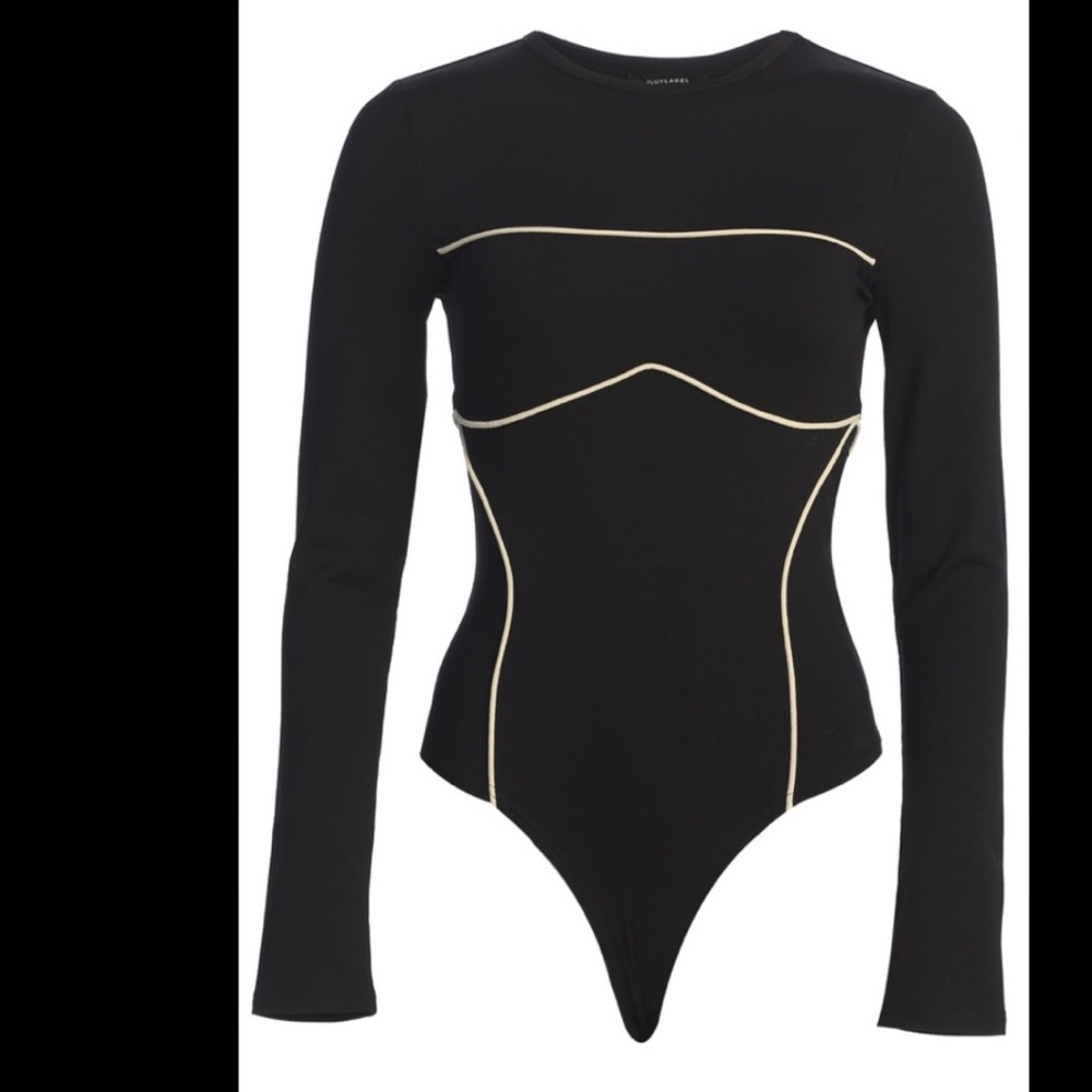 JLUXLABEL Black Long Sleeve Bodysuit with Cream Piping